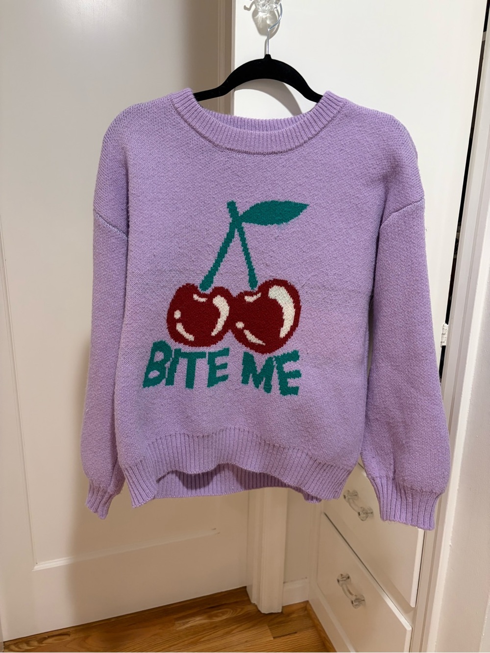 Lavender Crewneck Sweater with Cherry Graphic